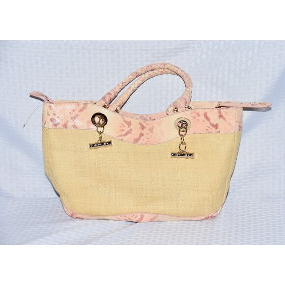 Elaine Turner Straw Purse With Snake Print Leather Bamboo Toggle Detail Handbag - Picture 4 of 8